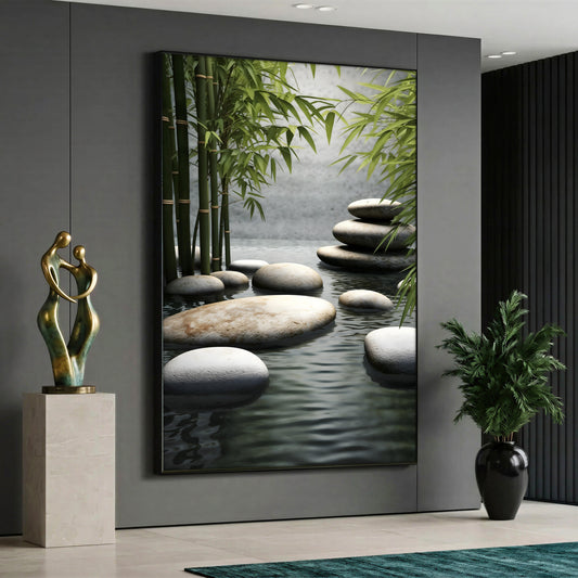A Zen nature canvas painting depicting large, smooth pebbles gathered and stacked on a calm water surface, with green bamboo stalks rising on the side and soft ripples in the water.
