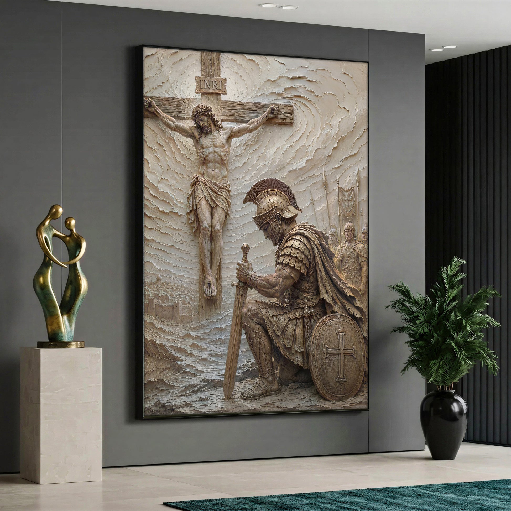 A vertical canvas art depicting Jesus Christ on the cross with a Roman soldier kneeling in front of him, displayed on a grey wall in a modern room.