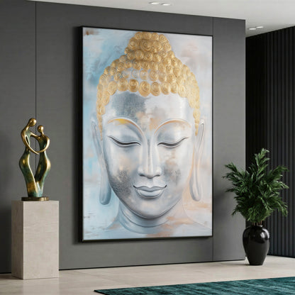 Canvas wall art featuring a serene Buddha face with gold details on a light blue and white background