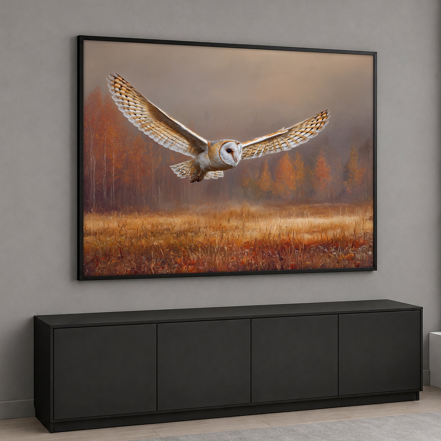 Horizontal canvas wall art featuring a barn owl in mid-flight with open wings over an autumn forest landscape with golden fields.