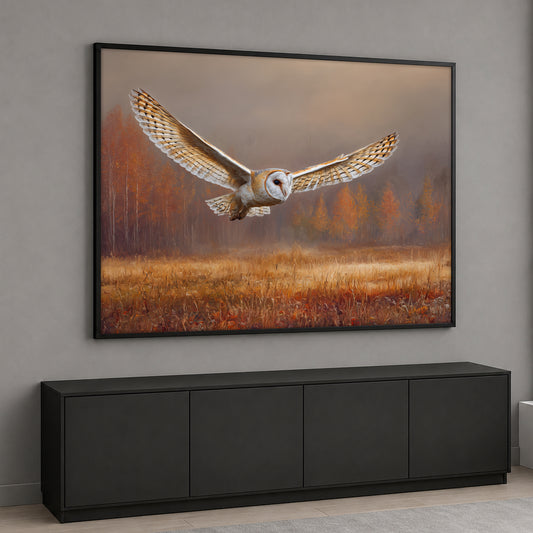 Horizontal canvas wall art featuring a barn owl in mid-flight with open wings over an autumn forest landscape with golden fields.