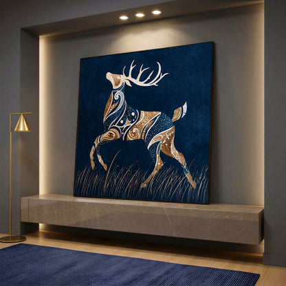 Abstract Navy Blue and Gold Deer Canvas Wall Art - Modern Living Room Luxury Decor
