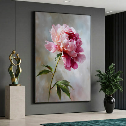 Canvas wall art showing a single large pink peony flower with green leaves on a soft and light textured background