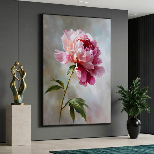 Canvas wall art showing a single large pink peony flower with green leaves on a soft and light textured background