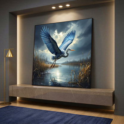 Flying Blue Heron Canvas Wall Art - Large Lake Landscape Nature Painting