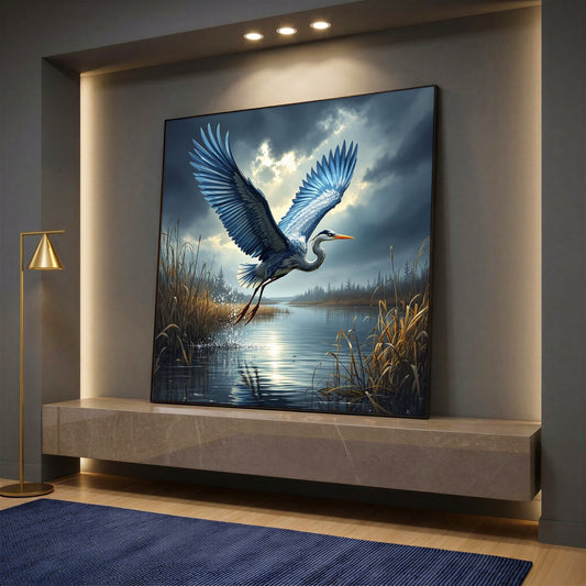 Flying Blue Heron Canvas Wall Art - Large Lake Landscape Nature Painting