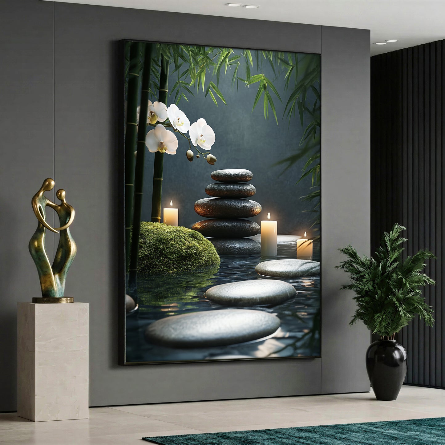 A serene spa canvas painting depicting glowing lit candles over dark water, stacked balanced pebbles, path stones, green bamboo leaves, and blooming white orchids.