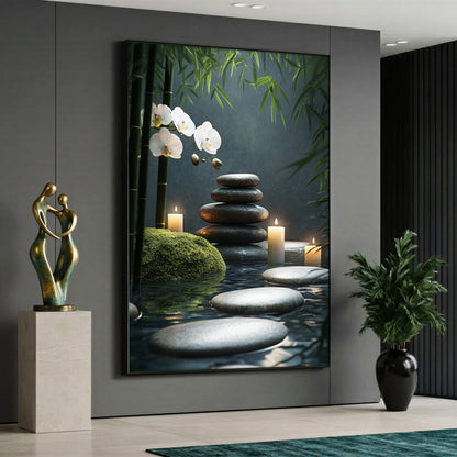 A serene spa canvas painting depicting glowing lit candles over dark water, stacked balanced pebbles, path stones, green bamboo leaves, and blooming white orchids.
