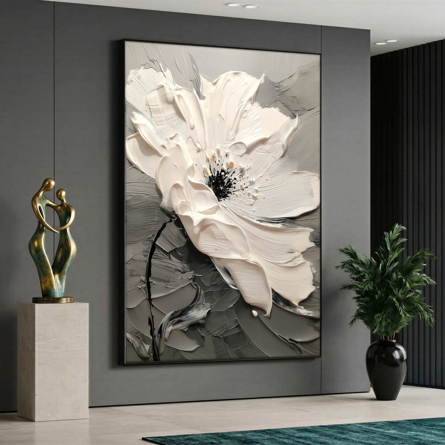 Canvas wall art featuring a large white textured flower on a textured grey and charcoal background