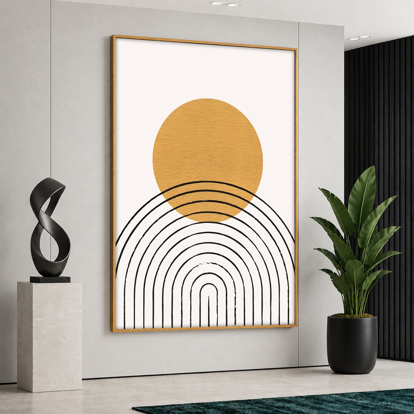 Large vertical canvas print featuring a prominent mustard yellow sun over black minimalist geometric arch lines, displayed in a bright modern interior.