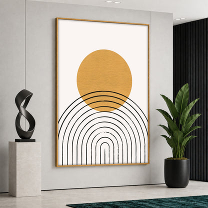 Large vertical canvas print featuring a prominent mustard yellow sun over black minimalist geometric arch lines, displayed in a bright modern interior.