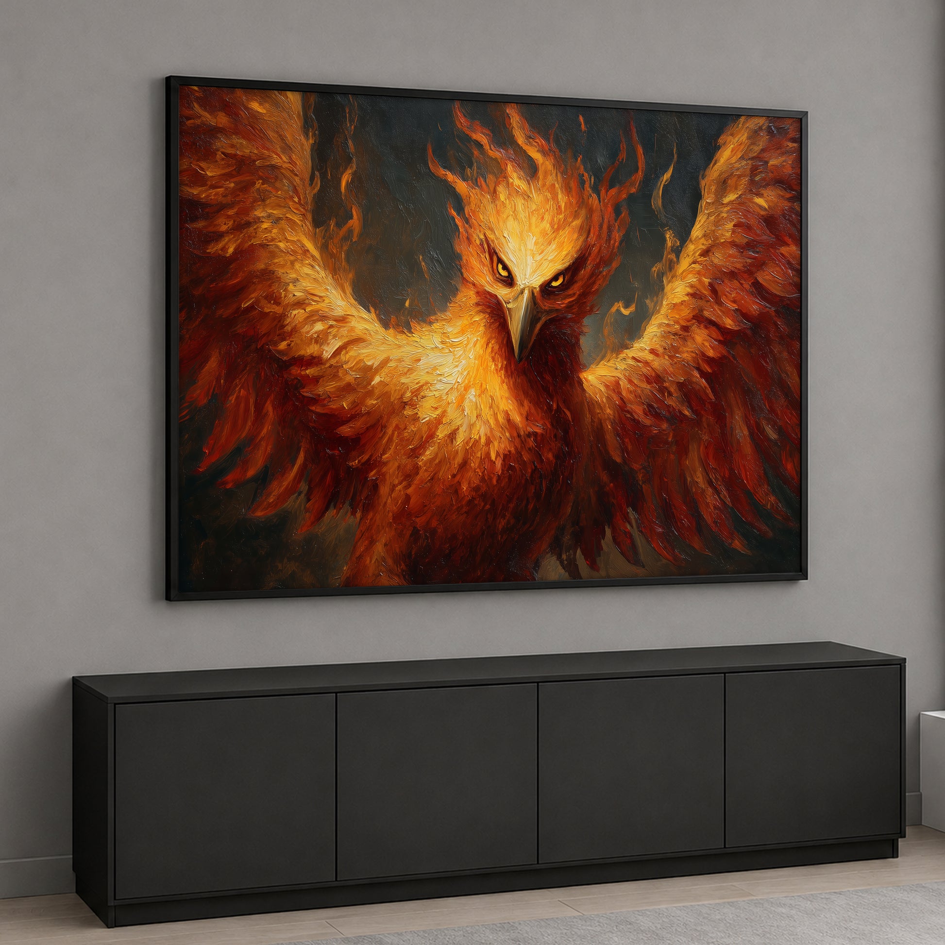 Horizontal canvas wall art featuring a powerful mythical phoenix bird with large burning wings of fire and intense eyes against a dark background.