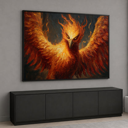Horizontal canvas wall art featuring a powerful mythical phoenix bird with large burning wings of fire and intense eyes against a dark background.