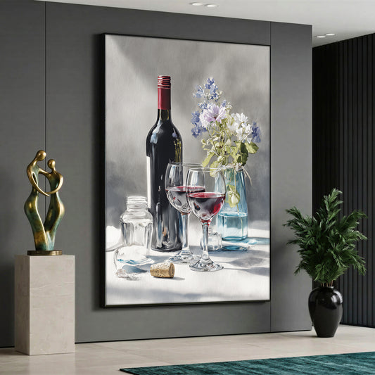 Watercolor style still life illustration featuring a red wine bottle, two glasses filled with red wine, a cork in the foreground, and wildflower bouquet in a blue glass vase.