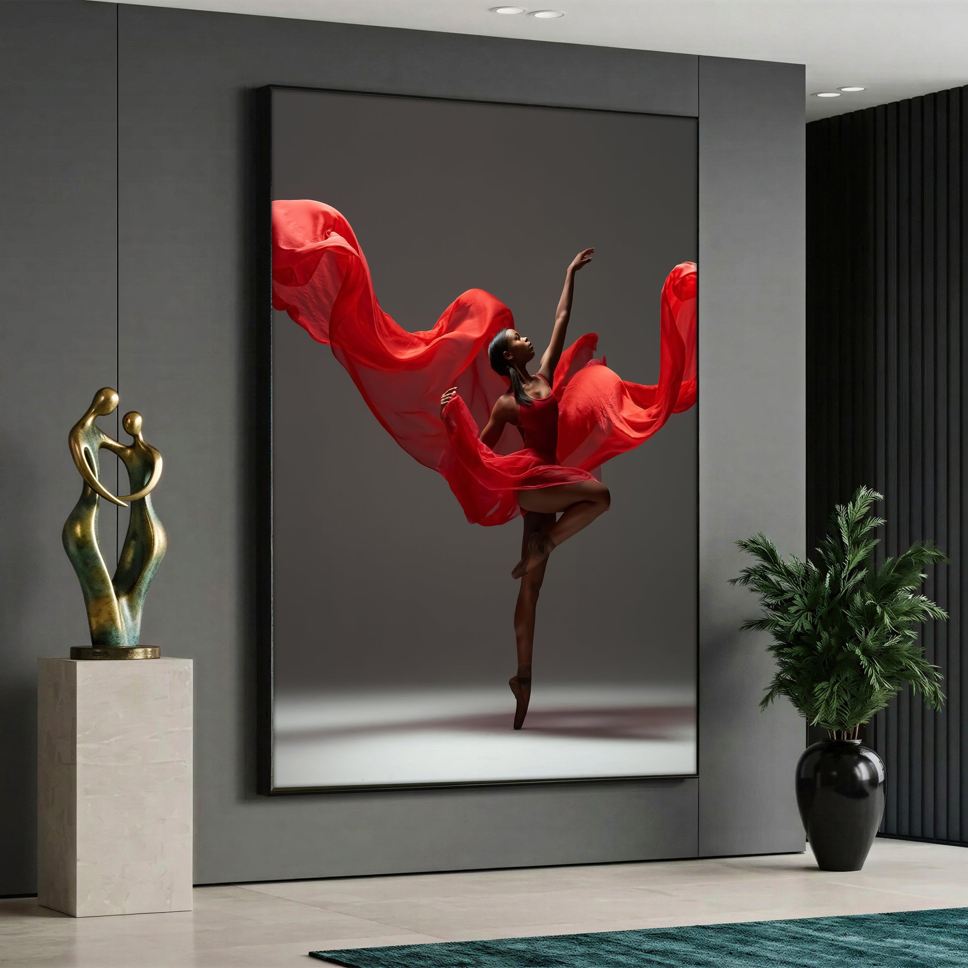 A high-quality canvas print featuring a female ballet dancer in a vibrant, flowing red dress performing an elegant pose against a minimalist grey background.