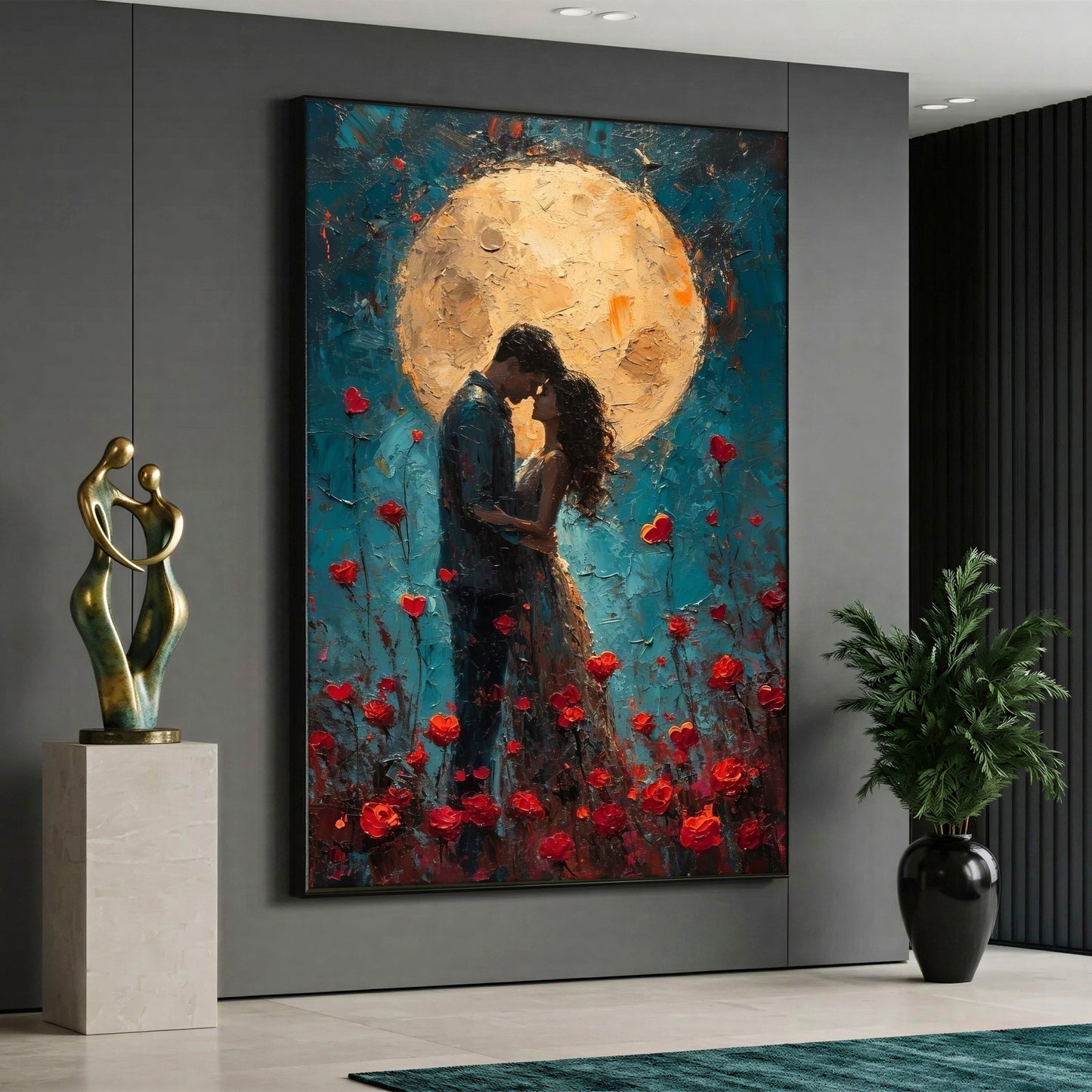 Canvas wall art featuring a romantic couple hugging under a full moon in a red rose field