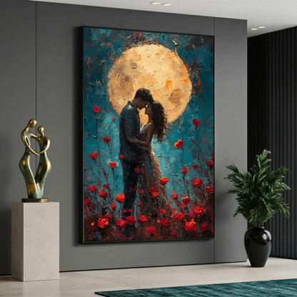 Canvas wall art featuring a romantic couple hugging under a full moon in a red rose field
