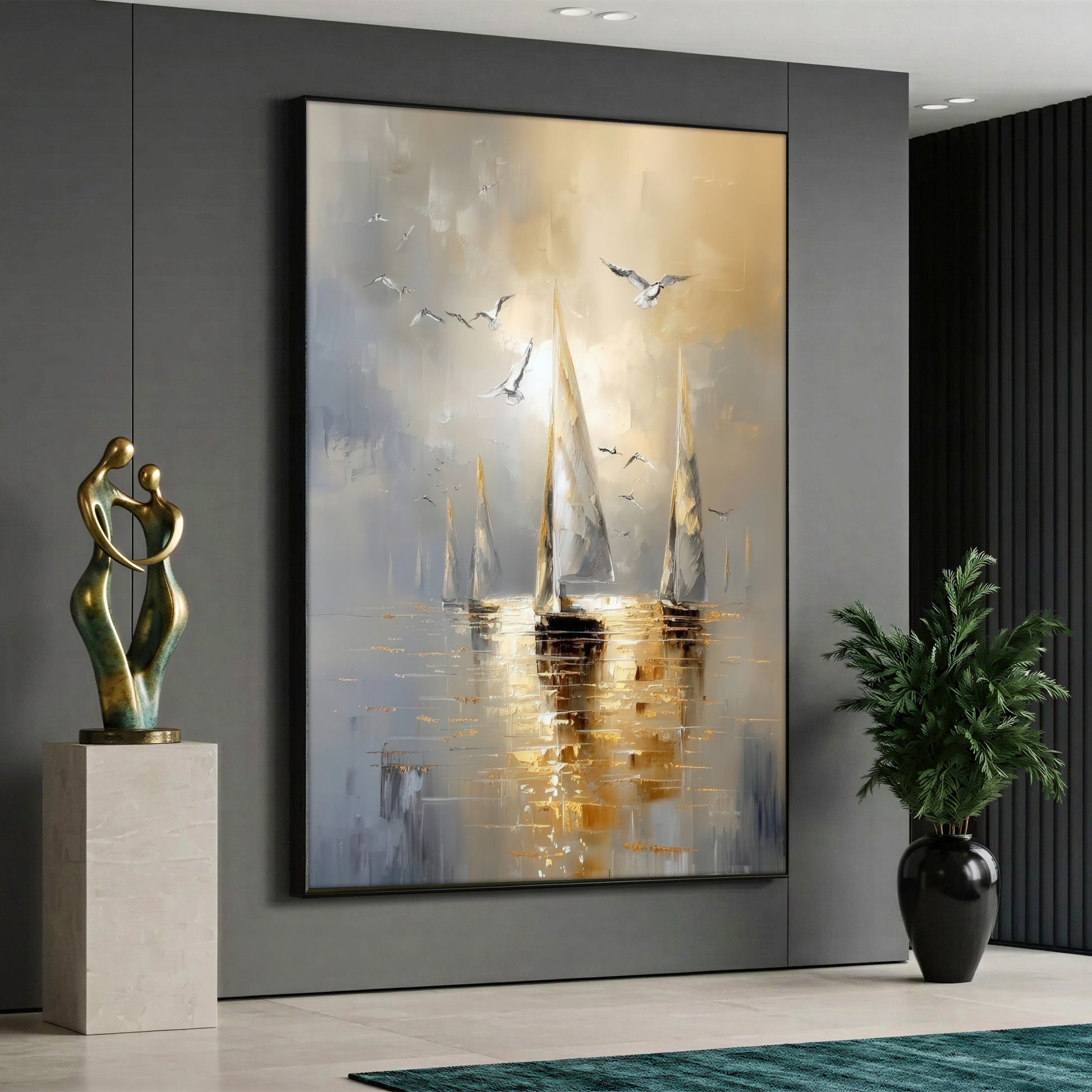 Sailing boats on a calm sea with golden and grey tones, bright gold reflections on the water surface, and a flock of seagulls flying in the sky.