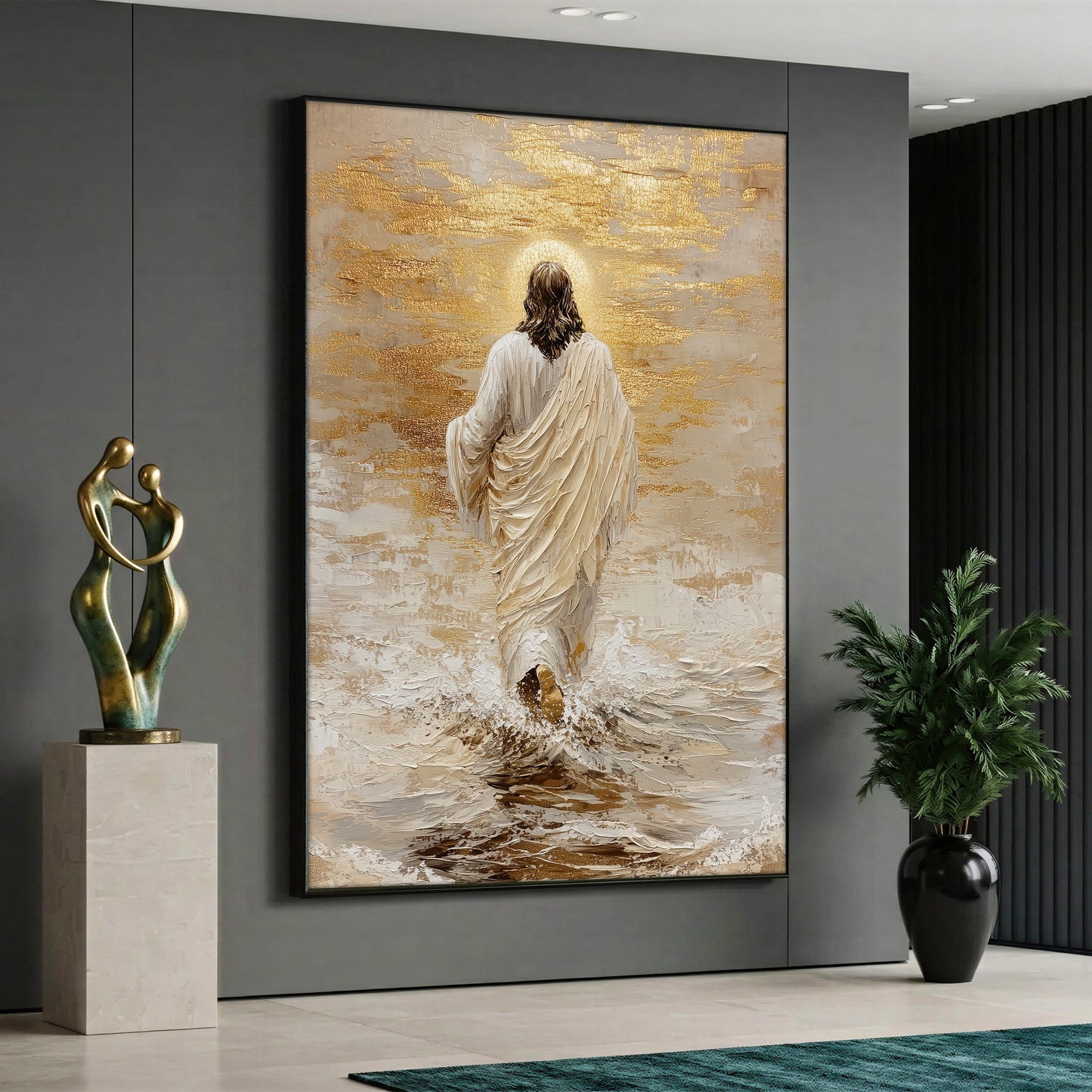 A vertical canvas print depicting Jesus Christ from behind walking on ocean waves with a glowing halo, featuring a textured gold leaf and neutral beige oil-painted visual effect.