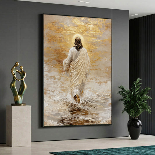 A vertical canvas print depicting Jesus Christ from behind walking on ocean waves with a glowing halo, featuring a textured gold leaf and neutral beige oil-painted visual effect.