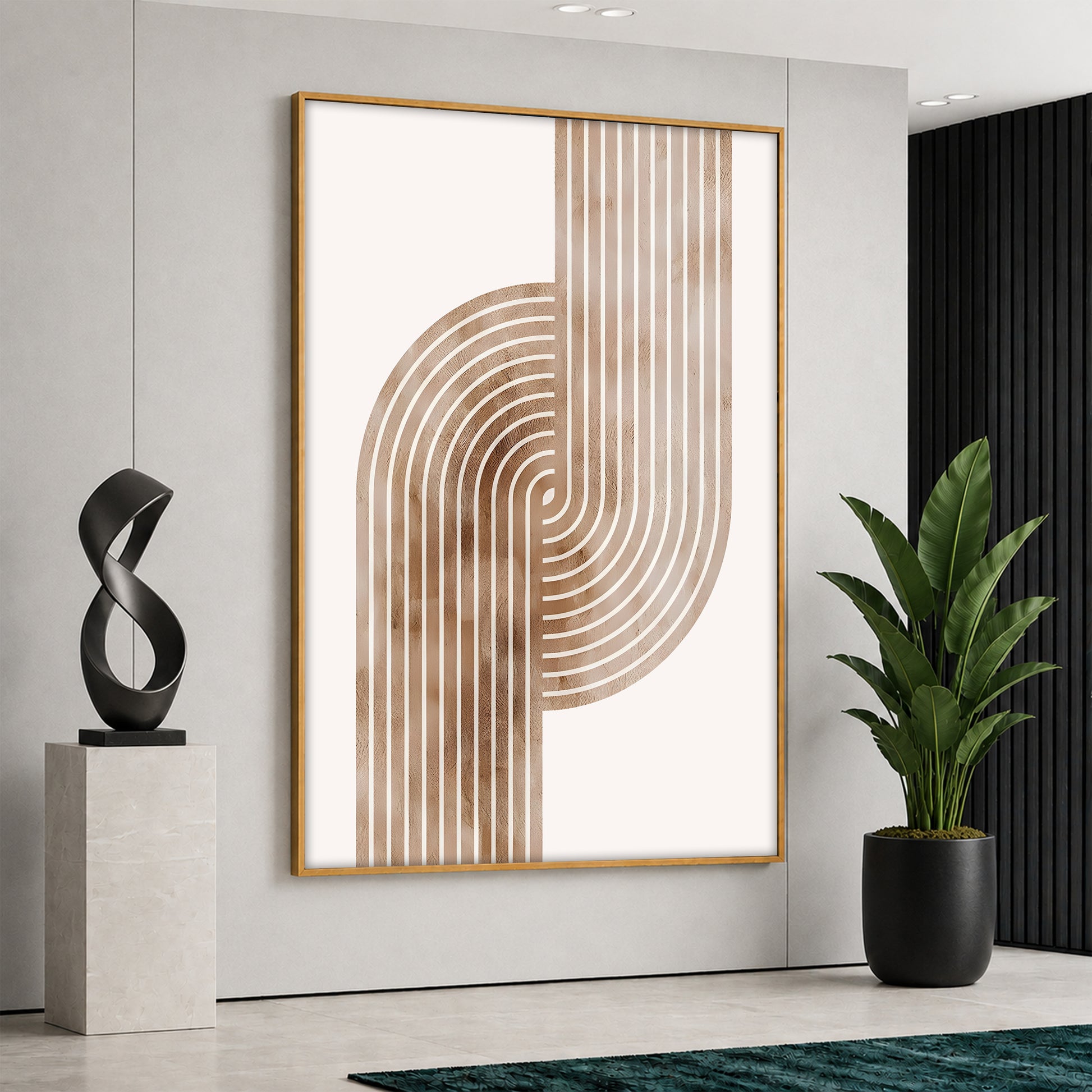 Large vertical canvas print featuring textured brown and beige interlocking minimalist geometric arch lines, displayed in a bright modern interior.