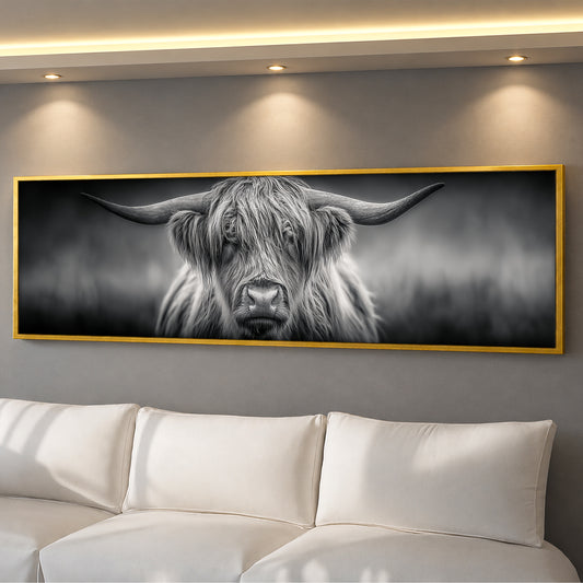 Highland Cow Panoramic Canvas Wall Art - Black and White Modern Wall Decor