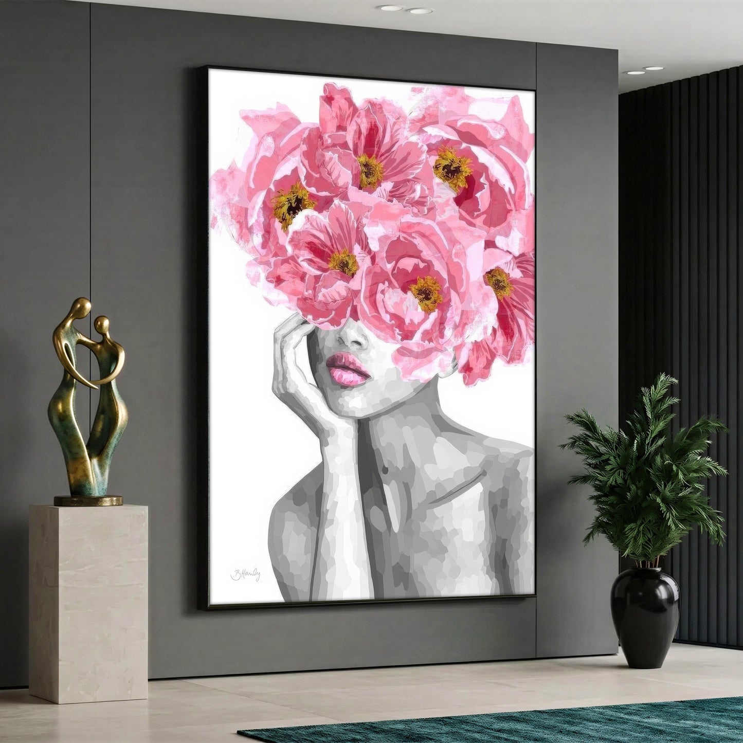 Large vertical canvas print of a black and white woman silhouette with large pink peony flowers blooming from her head, styled in a modern interior.