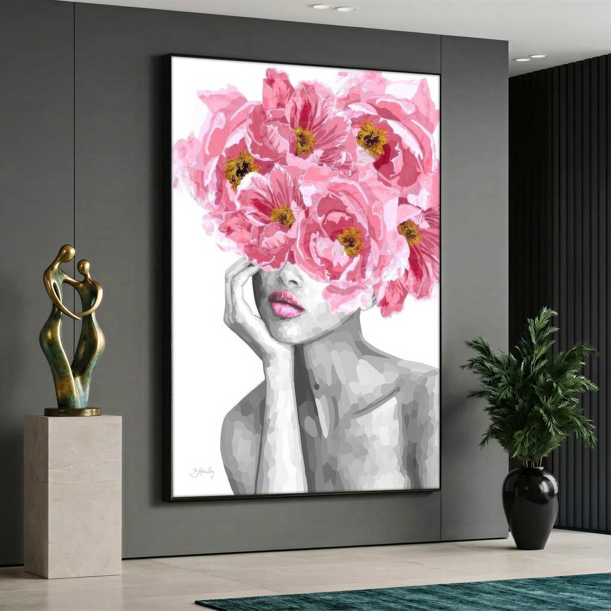 Large vertical canvas print of a black and white woman silhouette with large pink peony flowers blooming from her head, styled in a modern interior.
