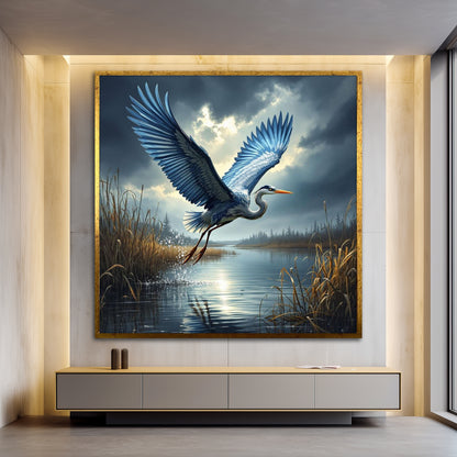 Flying Blue Heron Canvas Wall Art - Large Lake Landscape Nature Painting