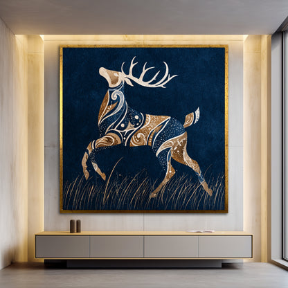 Abstract Navy Blue and Gold Deer Canvas Wall Art - Modern Living Room Luxury Decor