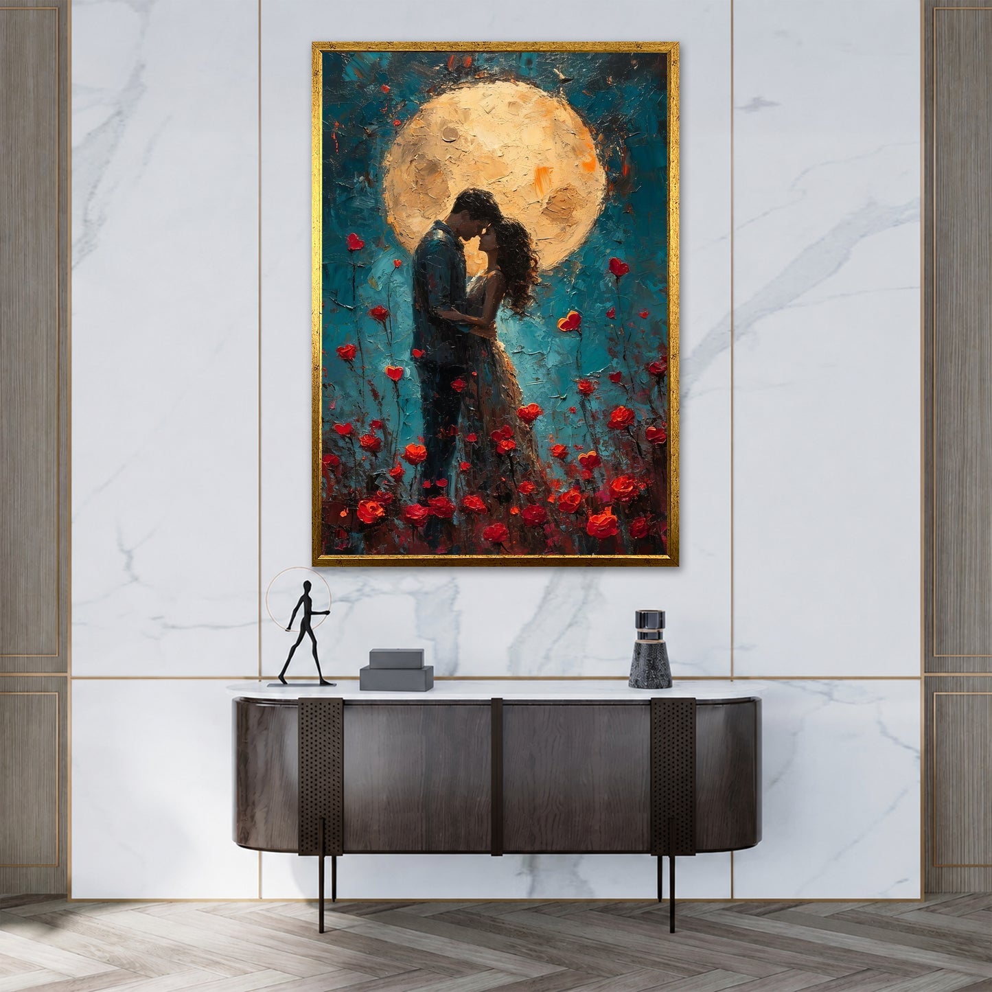Romantic Couple Under Full Moon Canvas Wall Art - Rose Garden Print