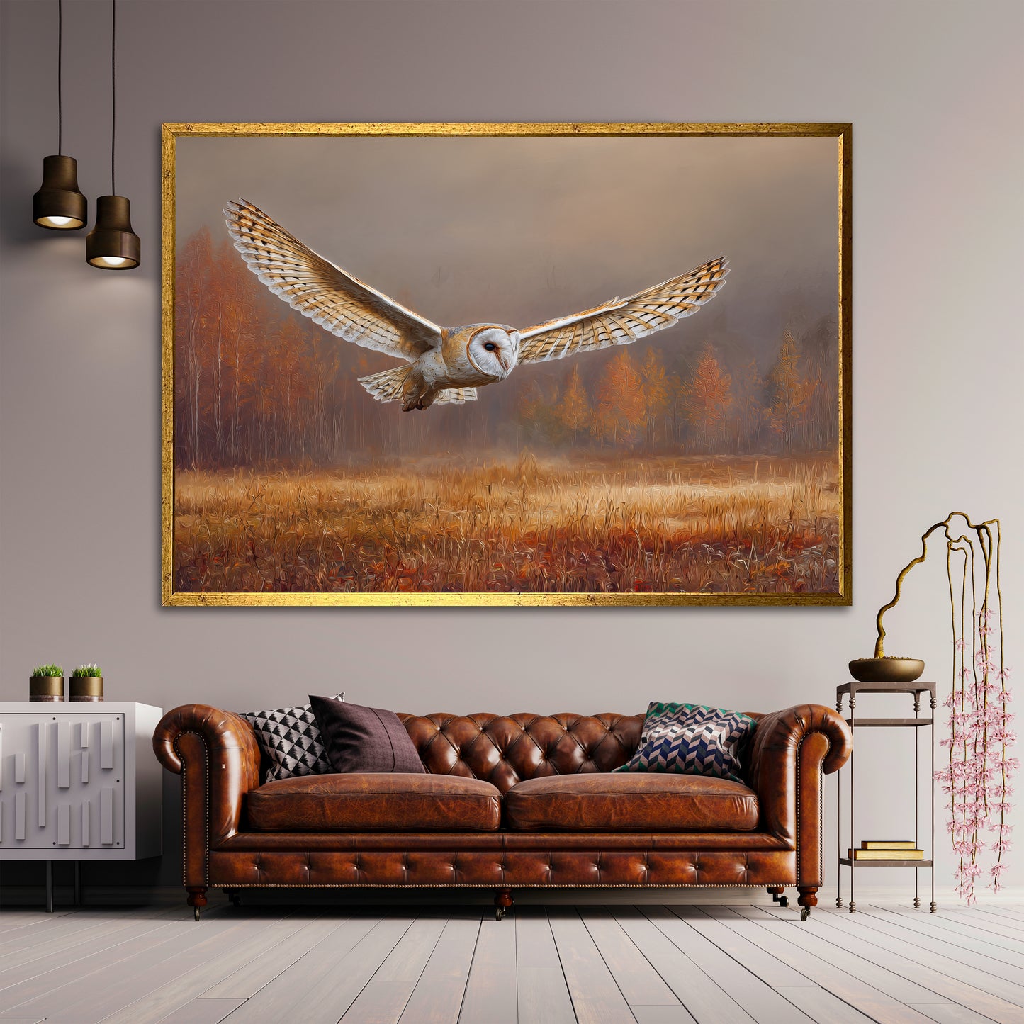 Flying Barn Owl Canvas Wall Art - Autumn Forest Landscape Print
