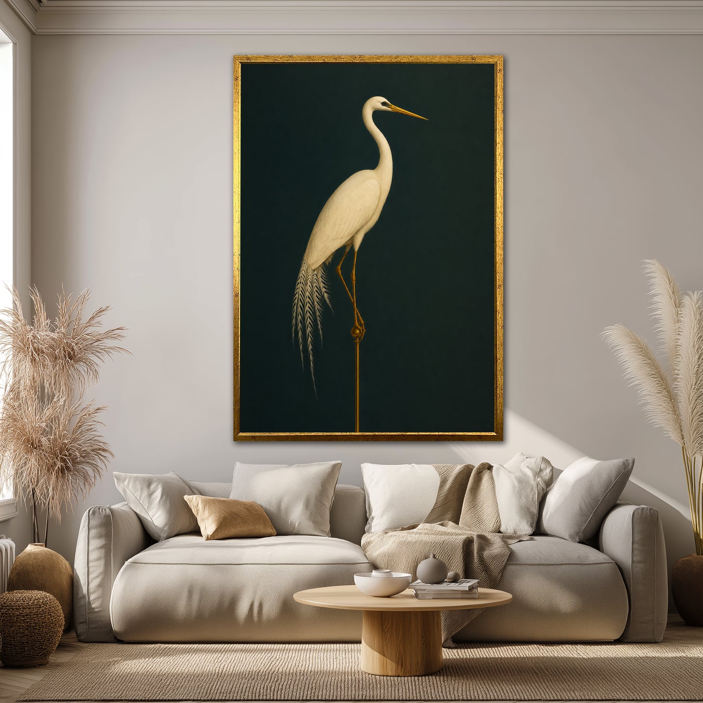Emerald Green and Gold Crane Canvas Print - Modern Wall Art