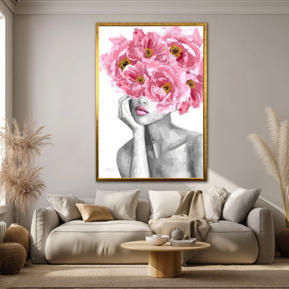 Pink Peony Flower Head Woman Canvas Art - Modern Floral Print