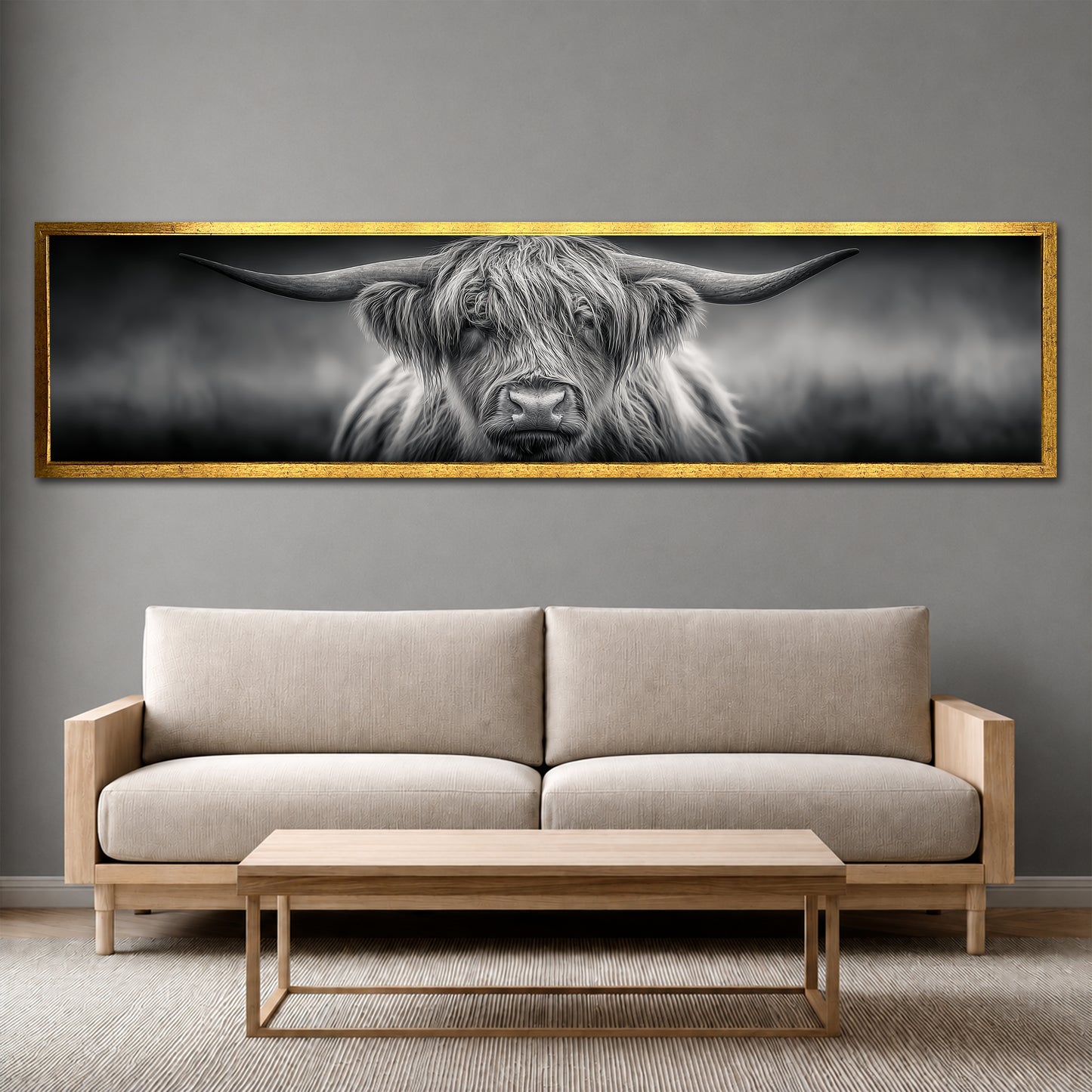 Highland Cow Panoramic Canvas Wall Art - Black and White Modern Wall Decor