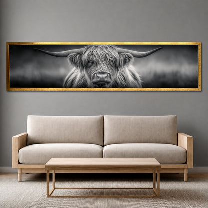 Highland Cow Panoramic Canvas Wall Art - Black and White Modern Wall Decor