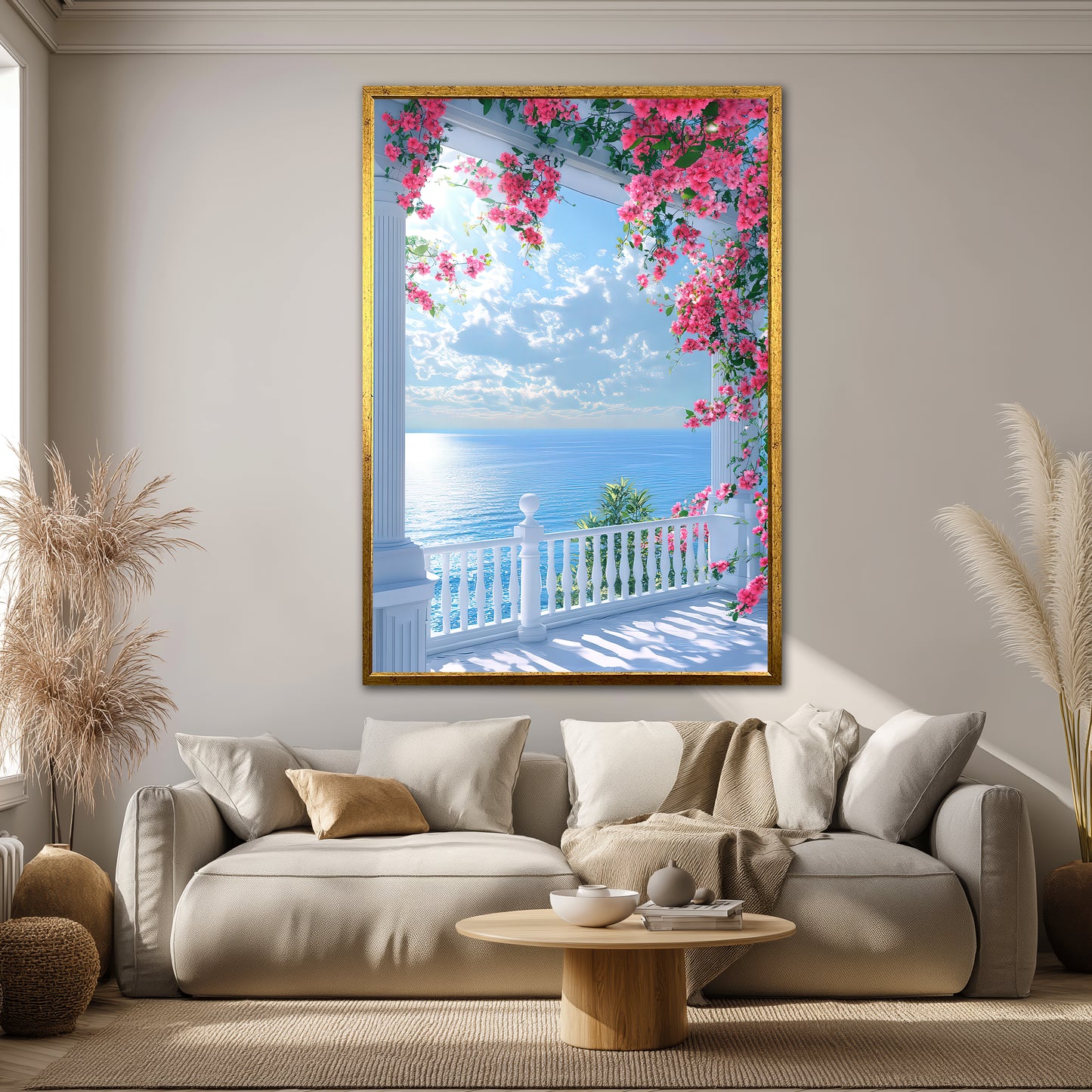 Ocean View Balcony and Pink Flowers Canvas Print - Coastal Home Decor