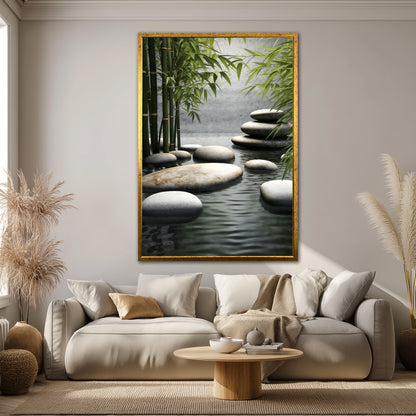 Natural Zen Stones and Bamboo Canvas - Meditation Spa Landscape Print