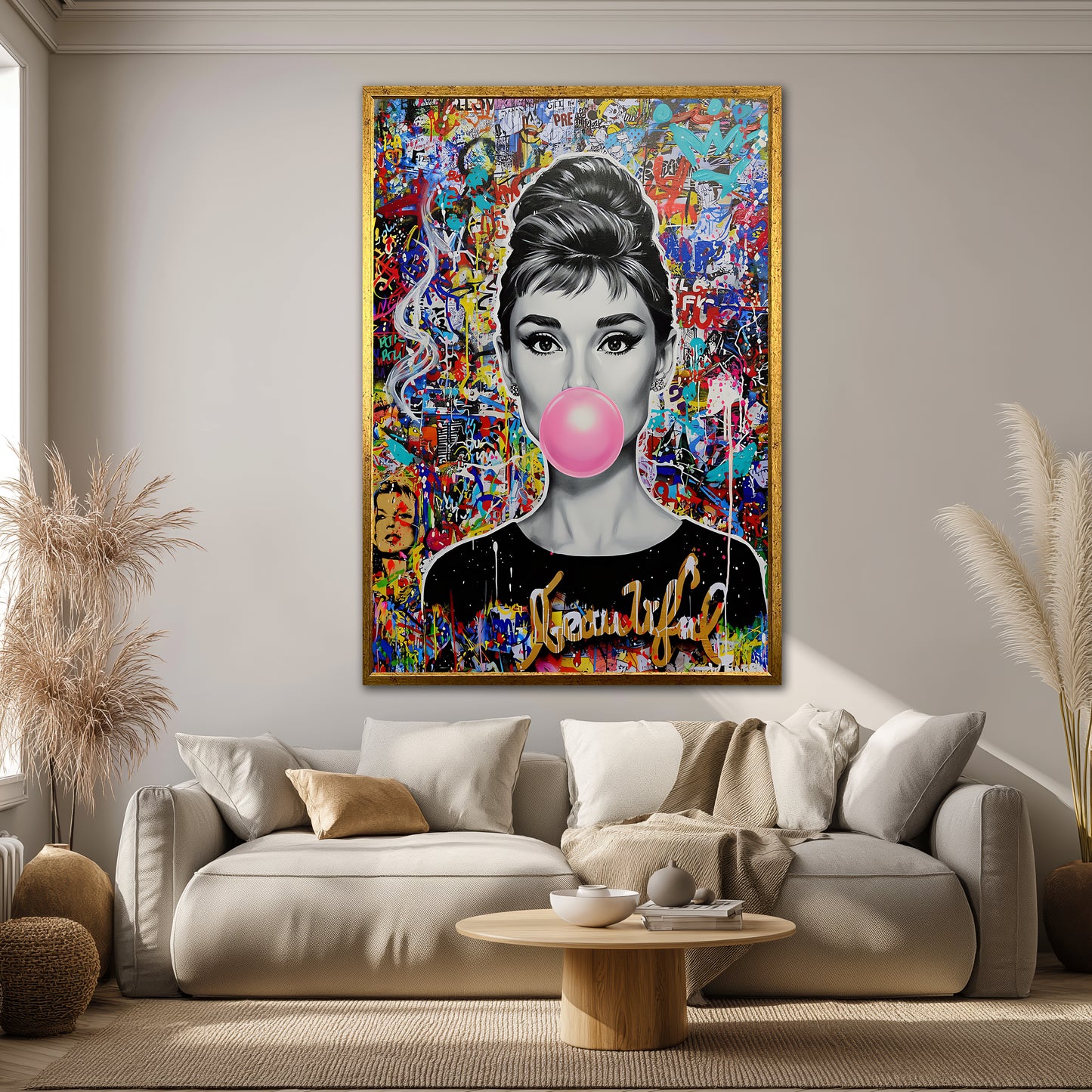 Audrey Hepburn Bubble Gum Pop Art Canvas - Colorful Graffiti Street Art Print