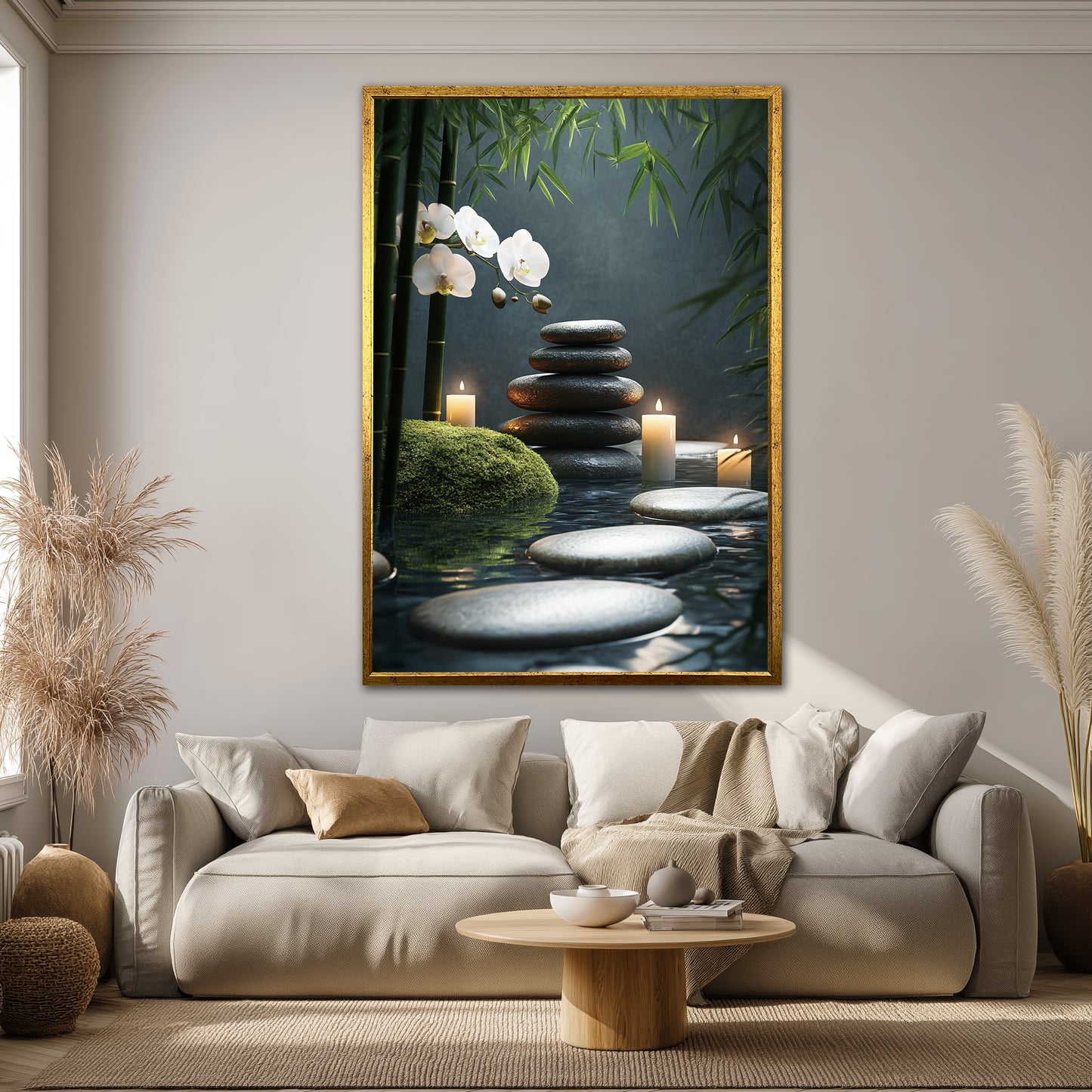 Zen Stones and White Orchid Canvas Art - Lit Candles Spa Meditation Print