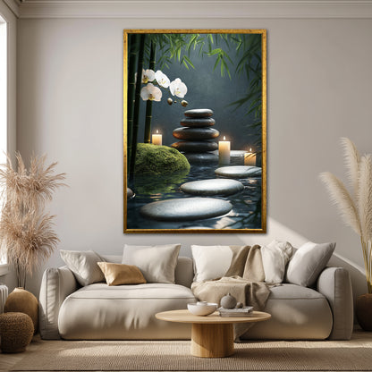 Zen Stones and White Orchid Canvas Art - Lit Candles Spa Meditation Print