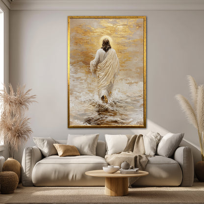 Jesus Walking on Water Canvas Print - Modern Christian Gold Wall Art