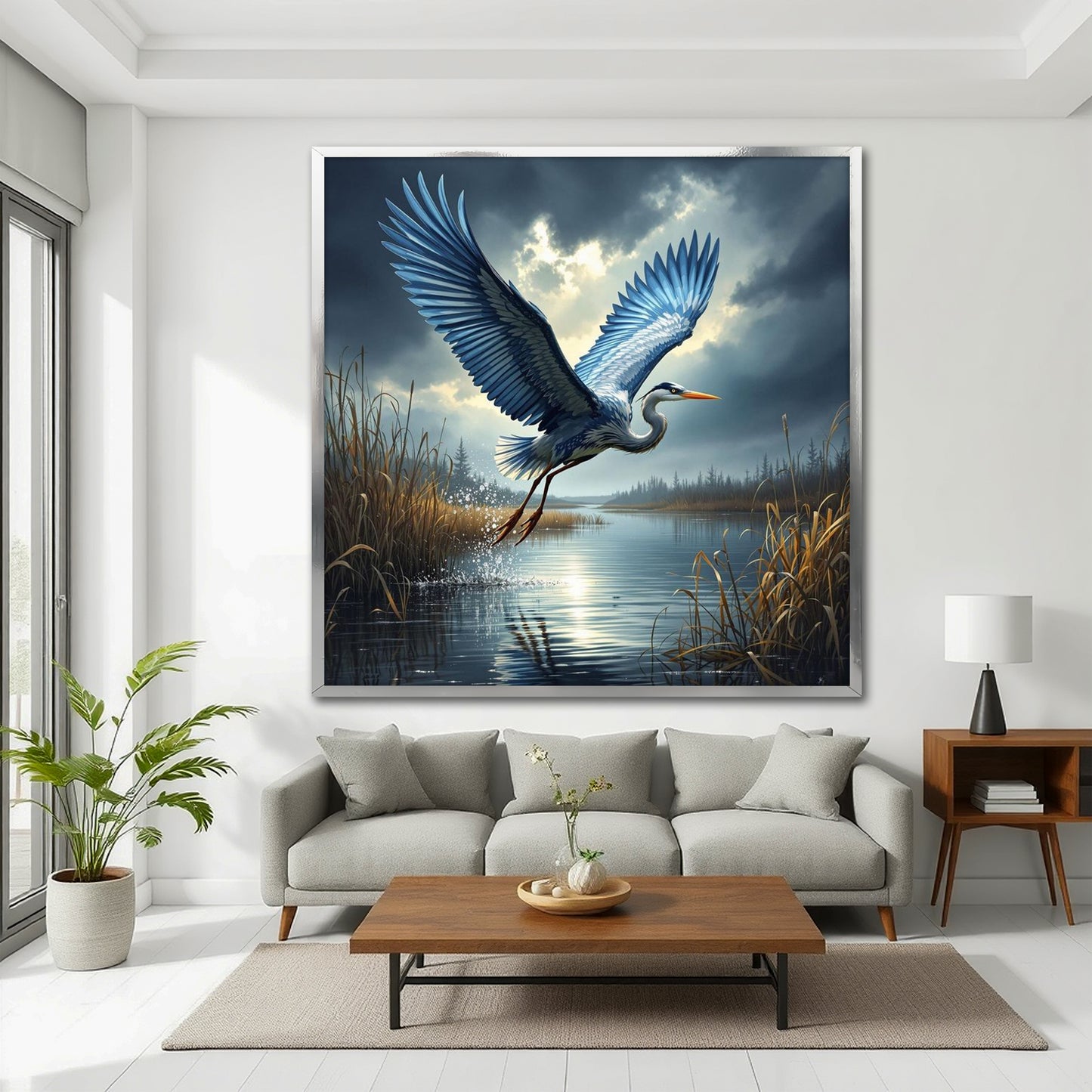 Flying Blue Heron Canvas Wall Art - Large Lake Landscape Nature Painting