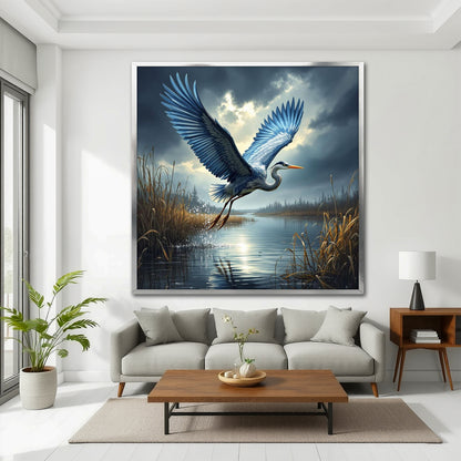 Flying Blue Heron Canvas Wall Art - Large Lake Landscape Nature Painting