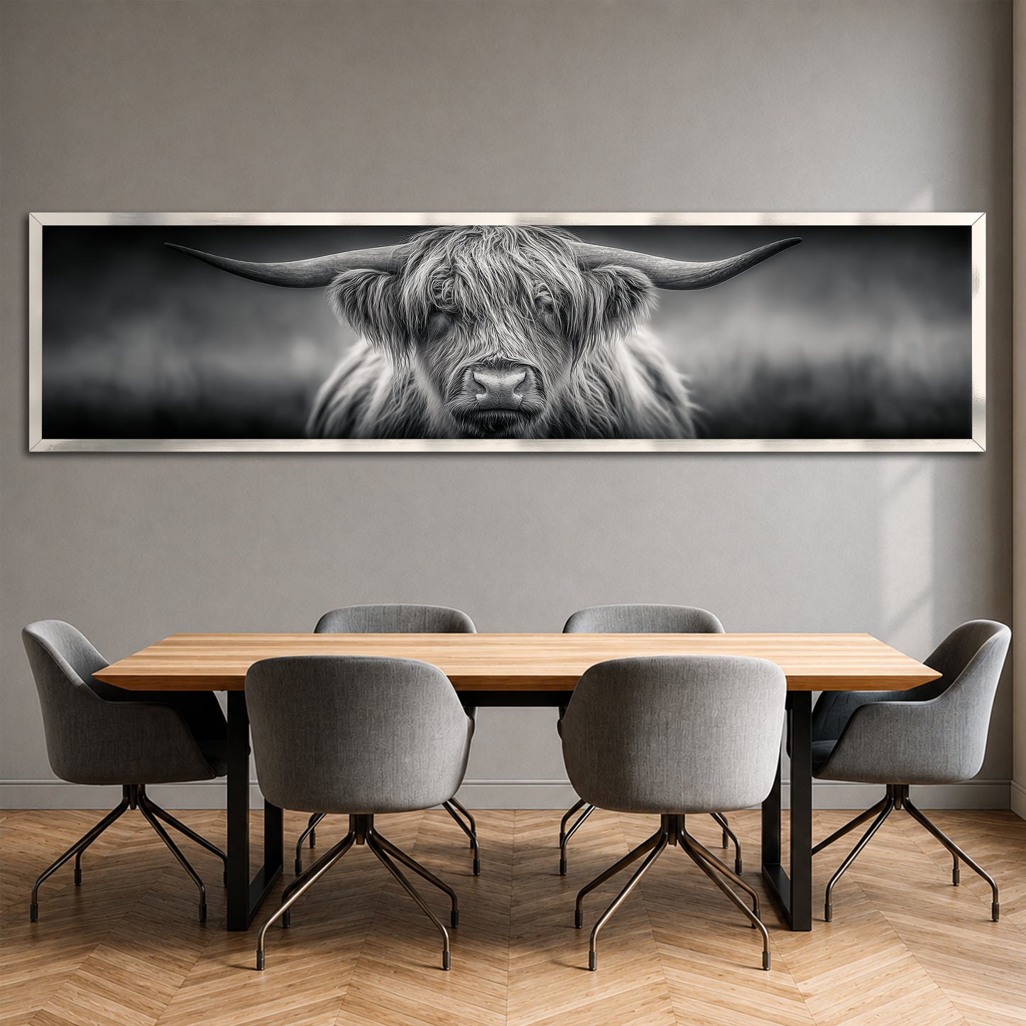 Highland Cow Panoramic Canvas Wall Art - Black and White Modern Wall Decor