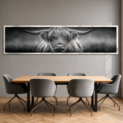 Highland Cow Panoramic Canvas Wall Art - Black and White Modern Wall Decor