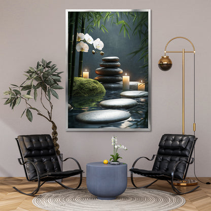 Zen Stones and White Orchid Canvas Art - Lit Candles Spa Meditation Print
