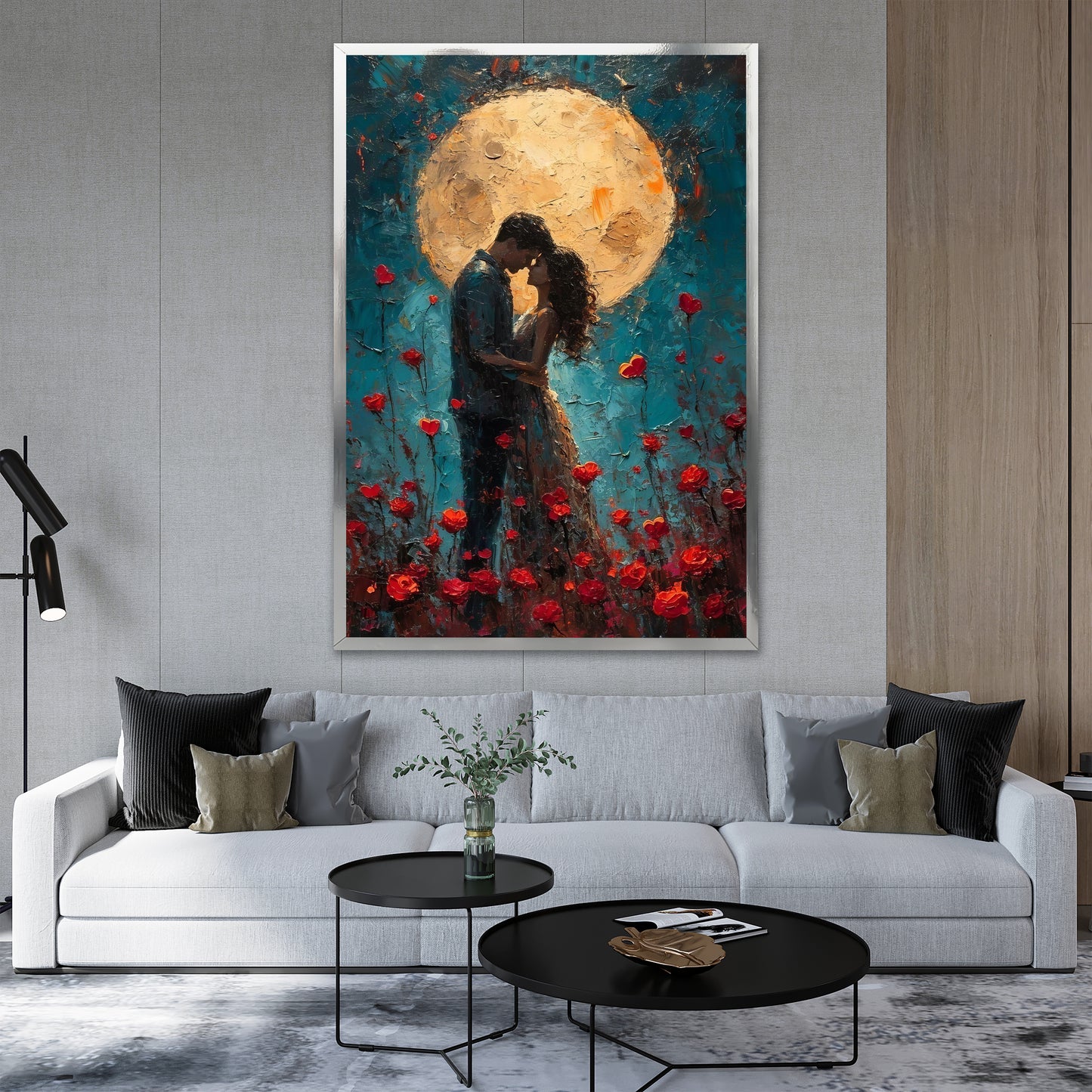 Romantic Couple Under Full Moon Canvas Wall Art - Rose Garden Print