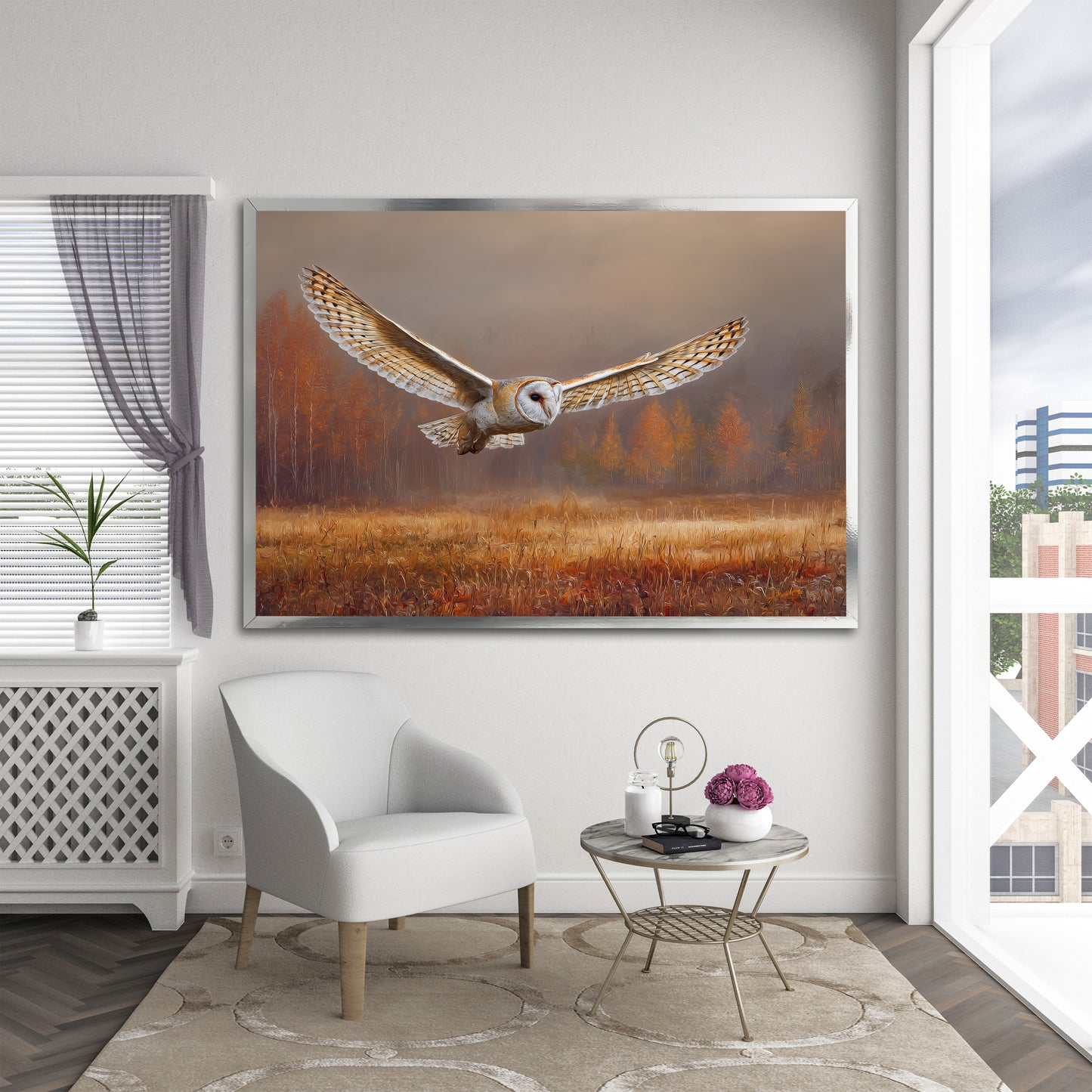 Flying Barn Owl Canvas Wall Art - Autumn Forest Landscape Print