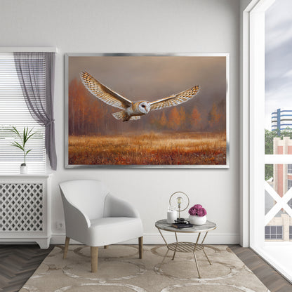 Flying Barn Owl Canvas Wall Art - Autumn Forest Landscape Print